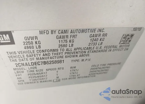 2011 Chevrolet Equinox Lt из США, поврежденный, VIN 2CNALDEC7B6258981